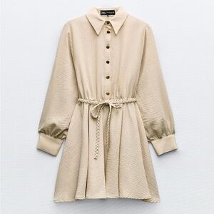 Zara Woven Belt Shirtdress in Beige Size Small